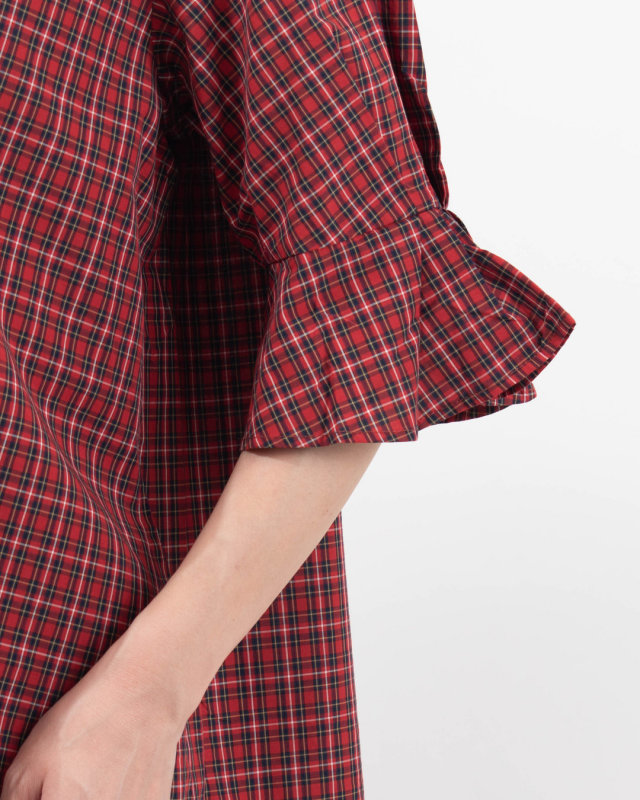 01FFP11405 blue willow コットン細番手タータンチェック袖タックブラウス
