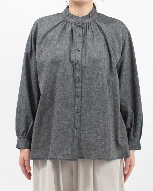 01FFP11436 blue willow コットンリネン衿裁ち切りフリルブラウス