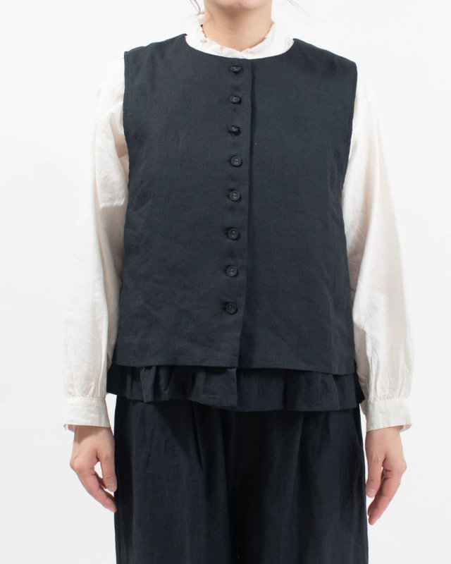 01FFP16424 blue willow リネン裏付き裾フリルベスト