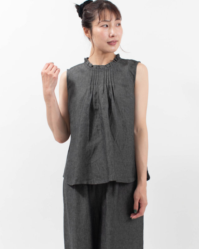 01FUP11307 blue willow リネンフリルノースリーブブラウス