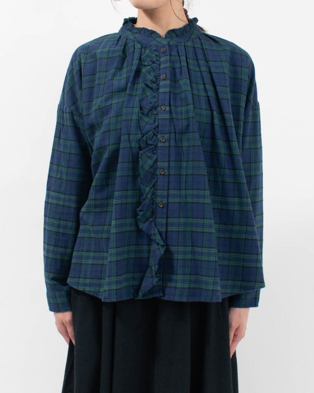 01FWP11505 blue willow コットンチェック 裁ち切りフリルブラウス