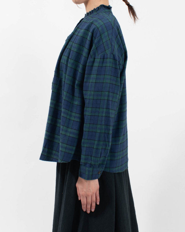 01FWP11505 blue willow コットンチェック 裁ち切りフリルブラウス