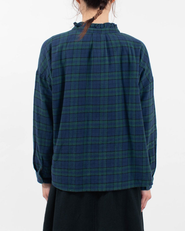 01FWP11505 blue willow コットンチェック 裁ち切りフリルブラウス