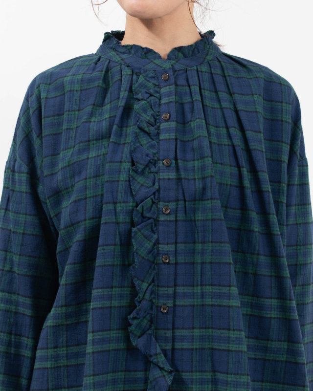 01FWP11505 blue willow コットンチェック 裁ち切りフリルブラウス