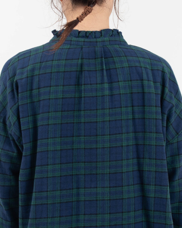 01FWP11505 blue willow コットンチェック 裁ち切りフリルブラウス