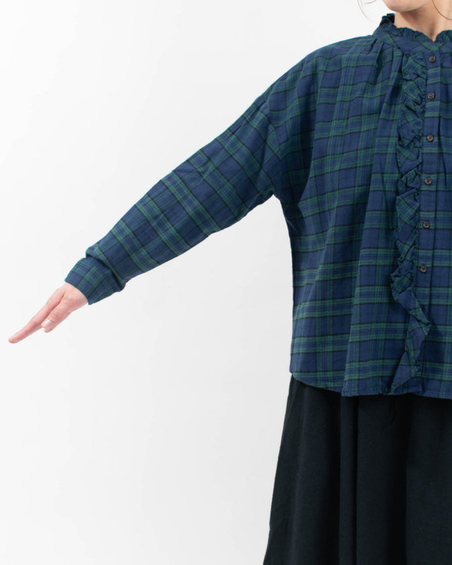 01FWP11505 blue willow コットンチェック 裁ち切りフリルブラウス