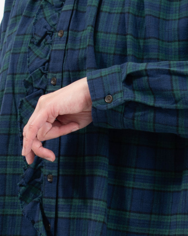 01FWP11505 blue willow コットンチェック 裁ち切りフリルブラウス