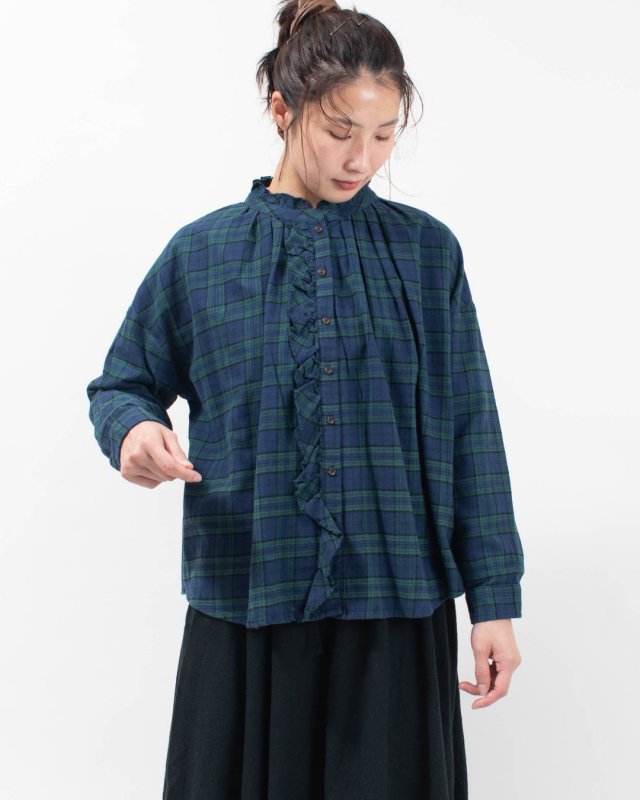 01FWP11505 blue willow コットンチェック 裁ち切りフリルブラウス