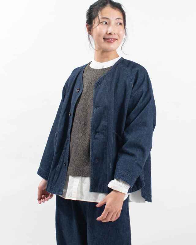 美品 YARRA ノーカラー リネンデニムジャケット ベージュ パイピング 美品 YARRA ノーカラー リネンデニムジャケット ベージュ