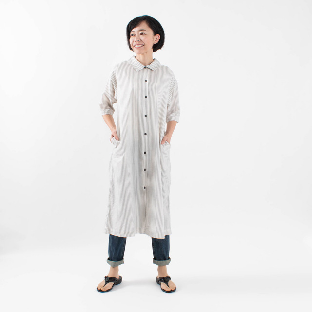 ナチュラルファッション Sun Valley 綿麻ストライプワンピース