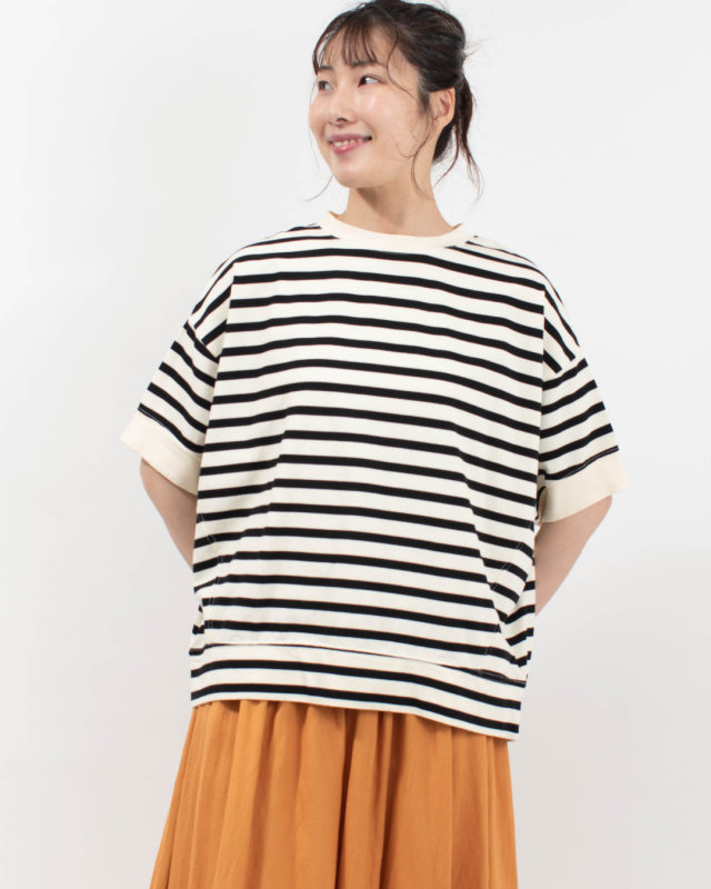 4202061-3  sloe 16/-ボーダー天竺ワイド5分袖Tシャツ