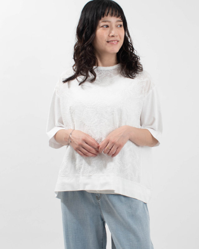 4203759 sloe ペイズリー刺繍×天竺 裾スピンドル5分袖Ｔシャツ