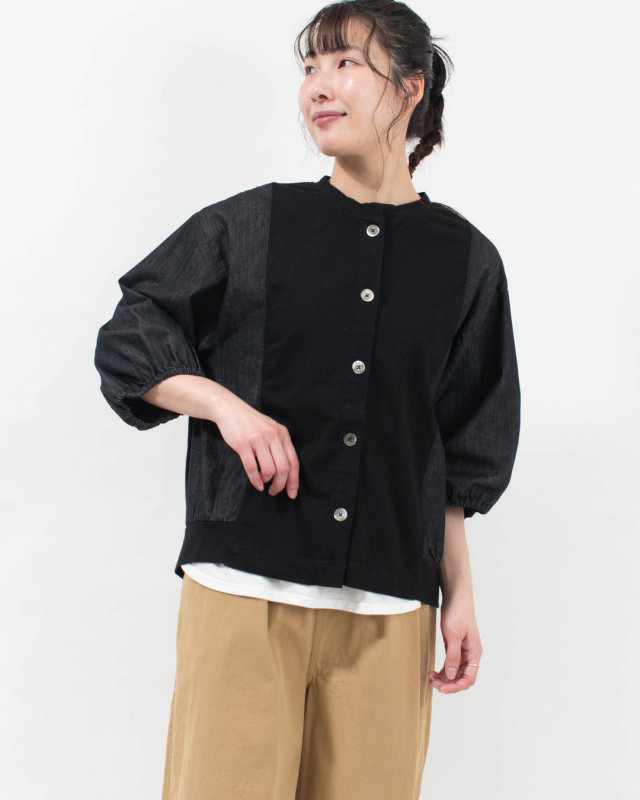 4204592-2  sloe nonfade デニム×天竺 切替え7分袖ブラウス