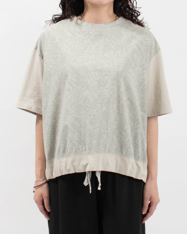 4204765-2 sloe 布帛リーフPRINT×天竺 切り替え5分袖Tシャツ