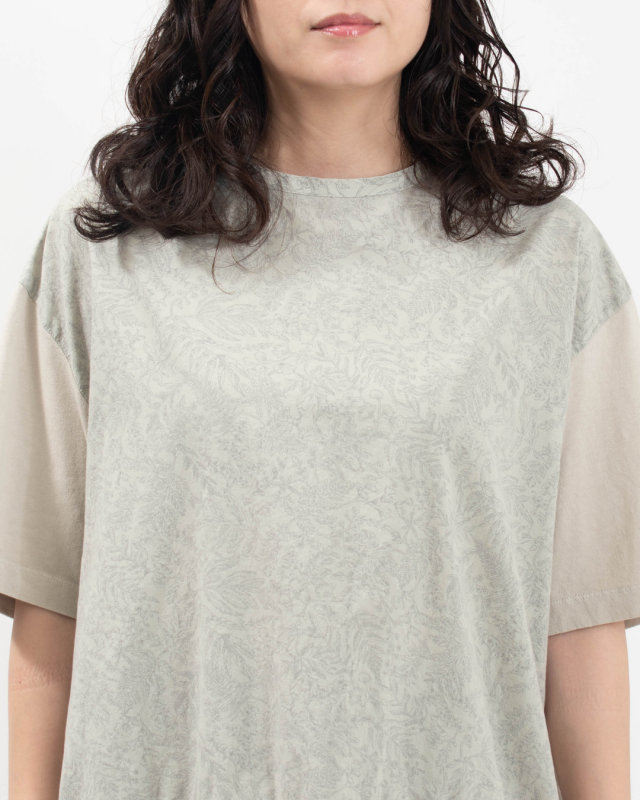 4204765-2 sloe 布帛リーフPRINT×天竺 切り替え5分袖Tシャツ