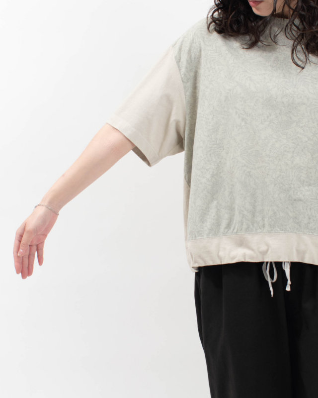 4204765-2 sloe 布帛リーフPRINT×天竺 切り替え5分袖Tシャツ