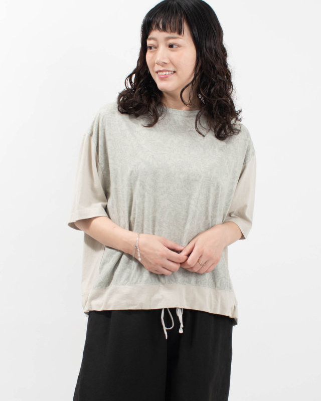 4204765-2 sloe 布帛リーフPRINT×天竺 切り替え5分袖Tシャツ