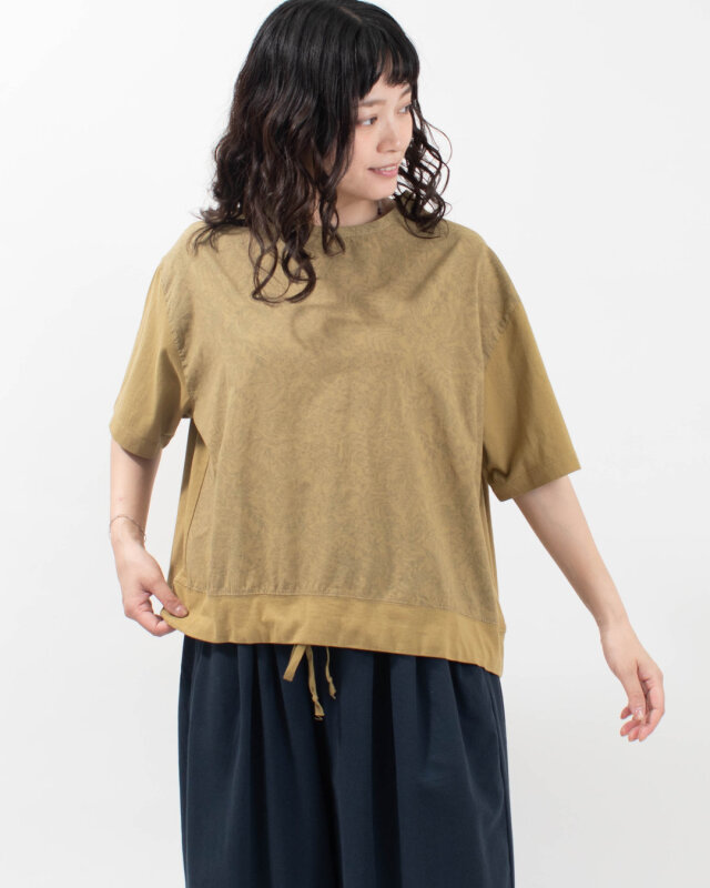 sloe 布帛リーフPRINT×天竺 切り替え5分袖Tシャツ