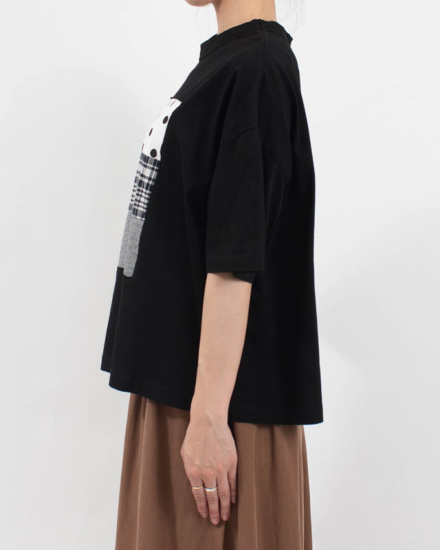 4204774-1 sloe 布帛パッチワーク×天竺 5分袖フレームTシャツ