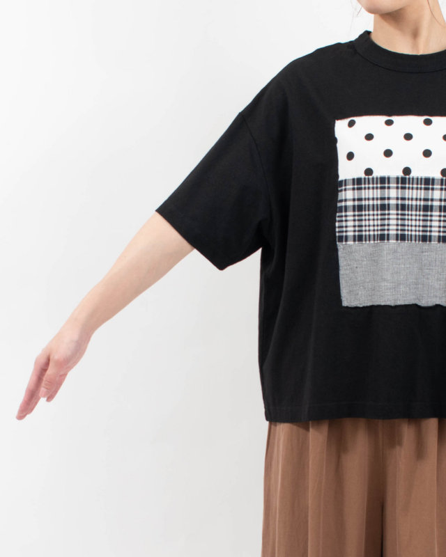 4204774-1 sloe 布帛パッチワーク×天竺 5分袖フレームTシャツ