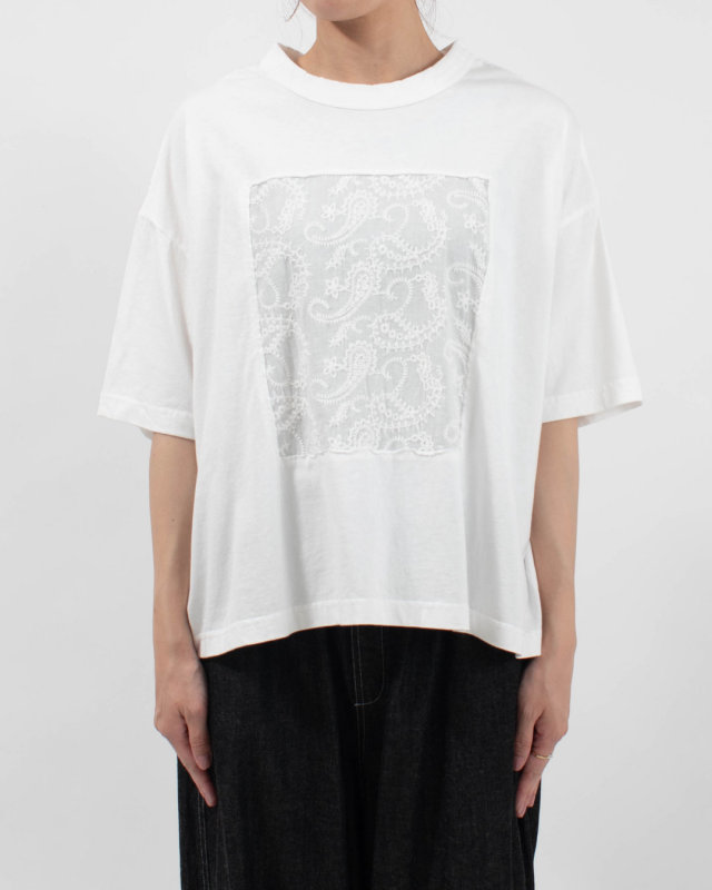 4204774 sloe ペイズリー刺繍×天竺 5分袖フレームTシャツ