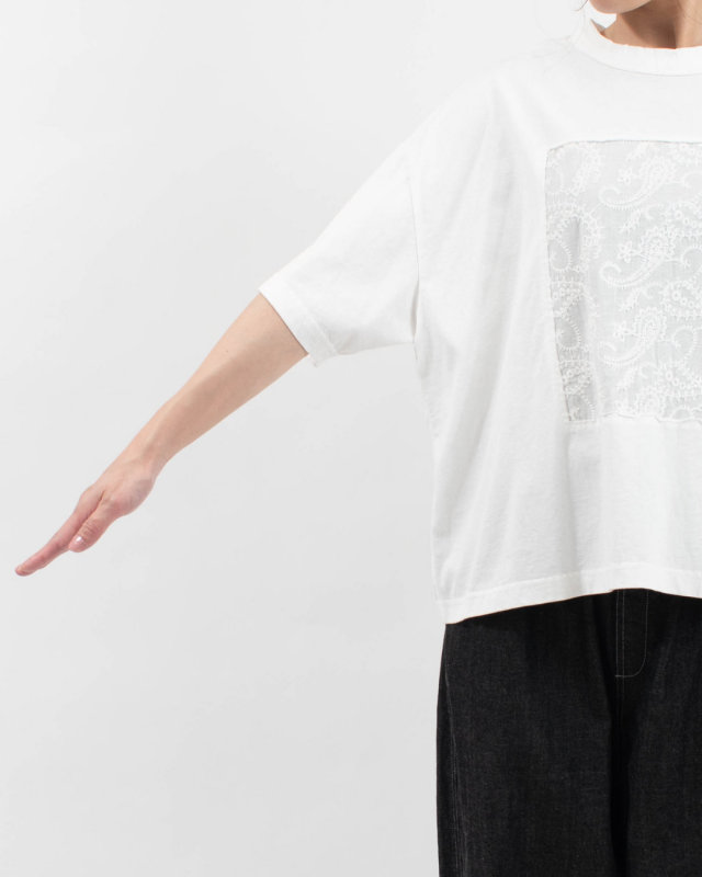 4204774 sloe ペイズリー刺繍×天竺 5分袖フレームTシャツ
