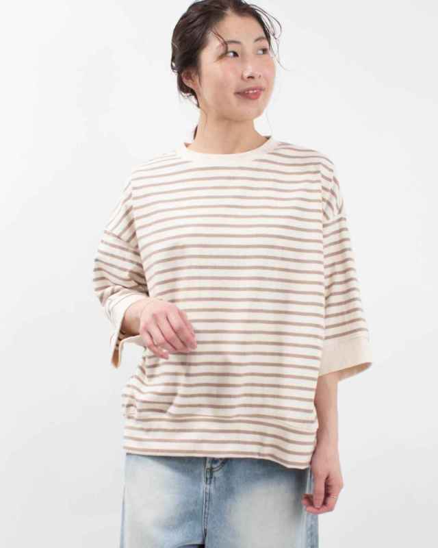 sloe 10/-天竺先染めボーダーワイドTシャツ｜ナチュラル