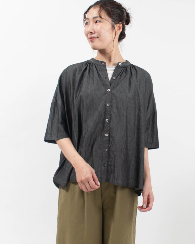 sloe 3ozデニムワイドシルエットギャザーカラーブラウス
