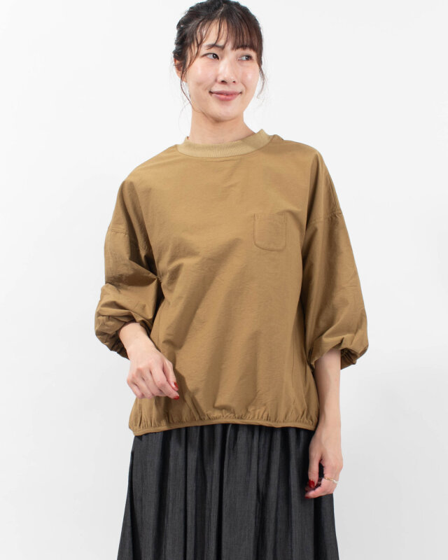sloe CNツイル衿リブ7分袖バルーンスリーブプルオーバーブラウス