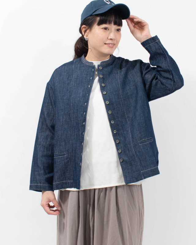 4911126 sloe リネンデニムステッチ衿ボタンベルトジャケット