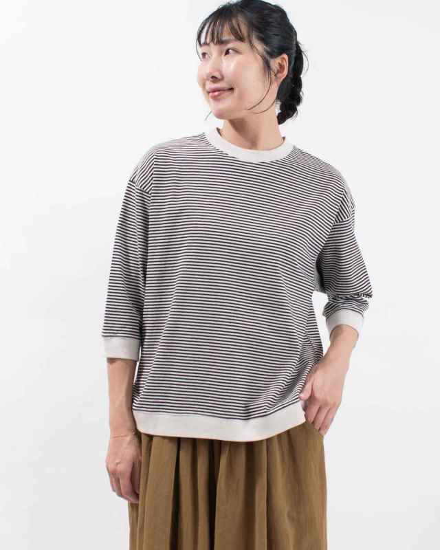 B-512011 BLUE LAKE MARKET アメリカンドライ天竺ボーダー||0.3cピッチ ヘムラウンド7分袖プルオーバー