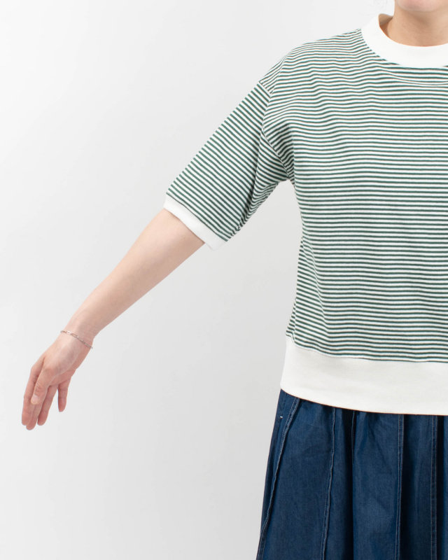 B-521024  BLUE LAKE MARKET アメリカンドライ天竺ボーダー||0.3cピッチ 五分袖ボーダーTee