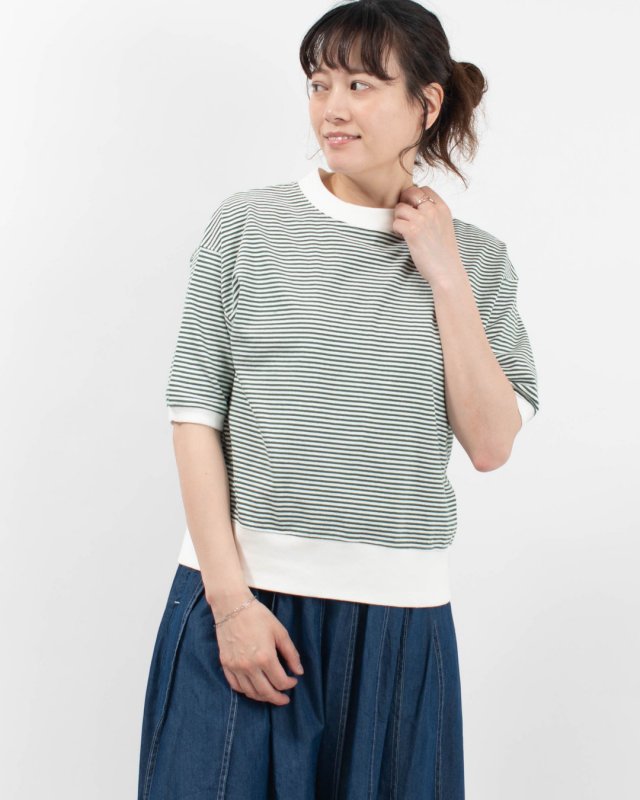 B-521024  BLUE LAKE MARKET アメリカンドライ天竺ボーダー||0.3cピッチ 五分袖ボーダーTee