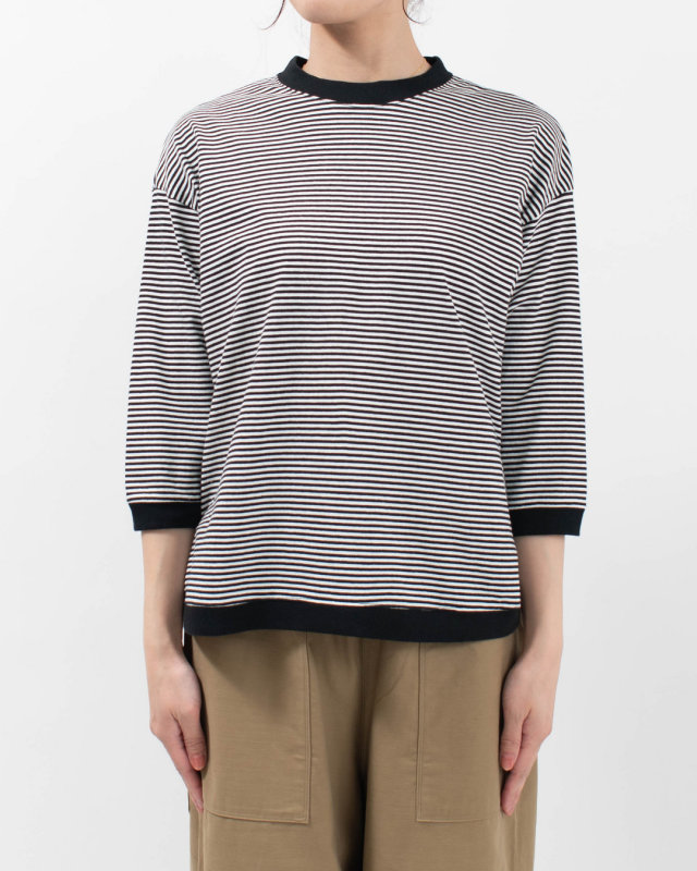 B-522018  BLUE LAKE MARKET アメリカンドライ天竺ボーダー||0.3cmピッチ七部袖ヘムラウンドボーダーTee