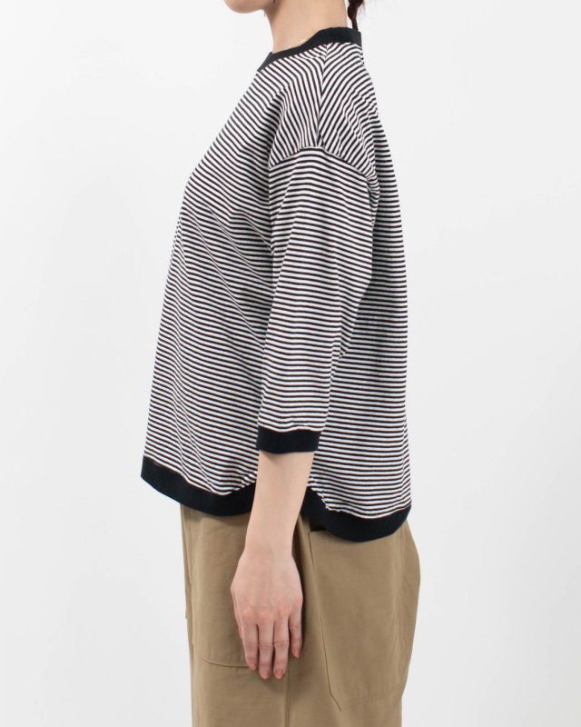 B-522018  BLUE LAKE MARKET アメリカンドライ天竺ボーダー||0.3cmピッチ七部袖ヘムラウンドボーダーTee