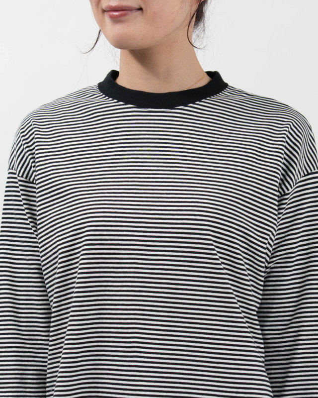 B-522018  BLUE LAKE MARKET アメリカンドライ天竺ボーダー||0.3cmピッチ七部袖ヘムラウンドボーダーTee