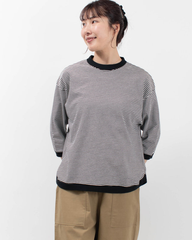 B-522018  BLUE LAKE MARKET アメリカンドライ天竺ボーダー||0.3cmピッチ七部袖ヘムラウンドボーダーTee