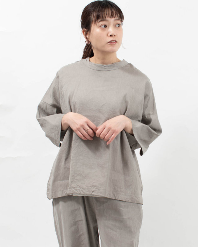 P81625 prit リネンレーヨンストレッチ 7分袖裾ヒモプルオーバー