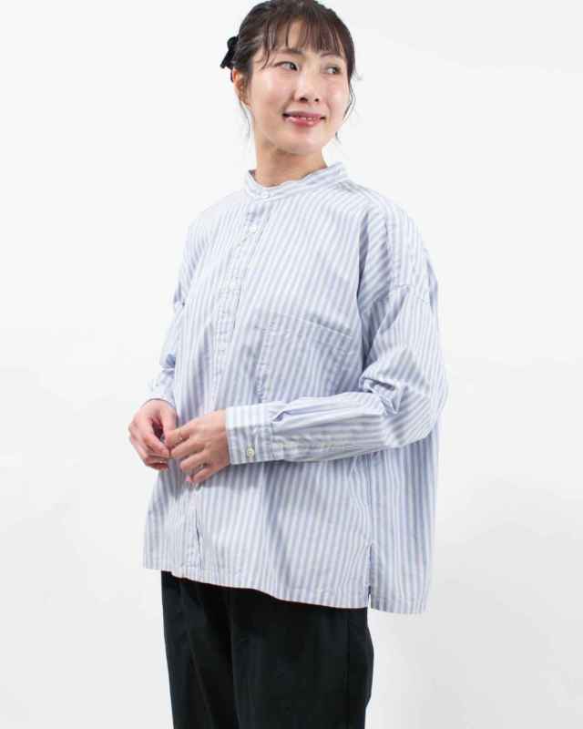 P81641 prit 高密度ポプリンパジャマストライプスタンドカラービッグシャツ