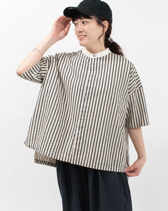 P82603 prit 20/1コットンリネンストライププリント 5分袖スタンドカラークレリックワイドシャツ