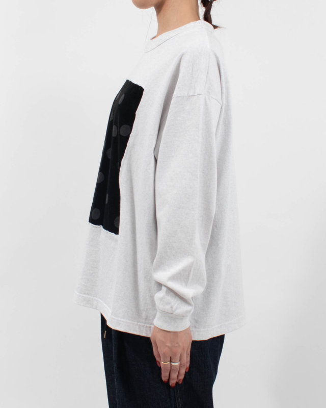 P90715 prit 17/1空紡天竺×シャツコールラフドットプリント ロングスリーブフレームTシャツ