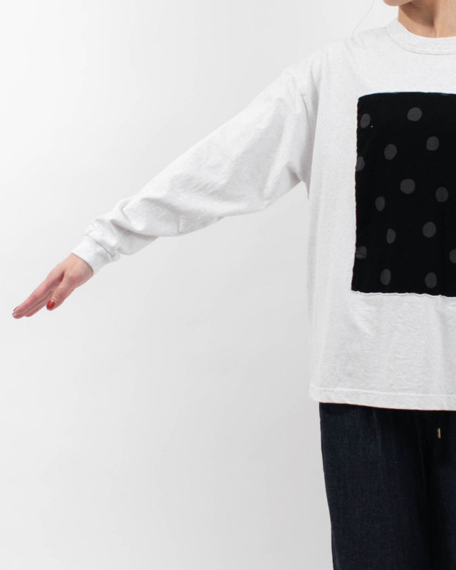 P90715 prit 17/1空紡天竺×シャツコールラフドットプリント ロングスリーブフレームTシャツ
