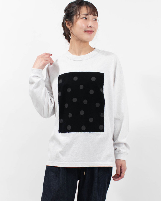 P90715 prit 17/1空紡天竺×シャツコールラフドットプリント ロングスリーブフレームTシャツ