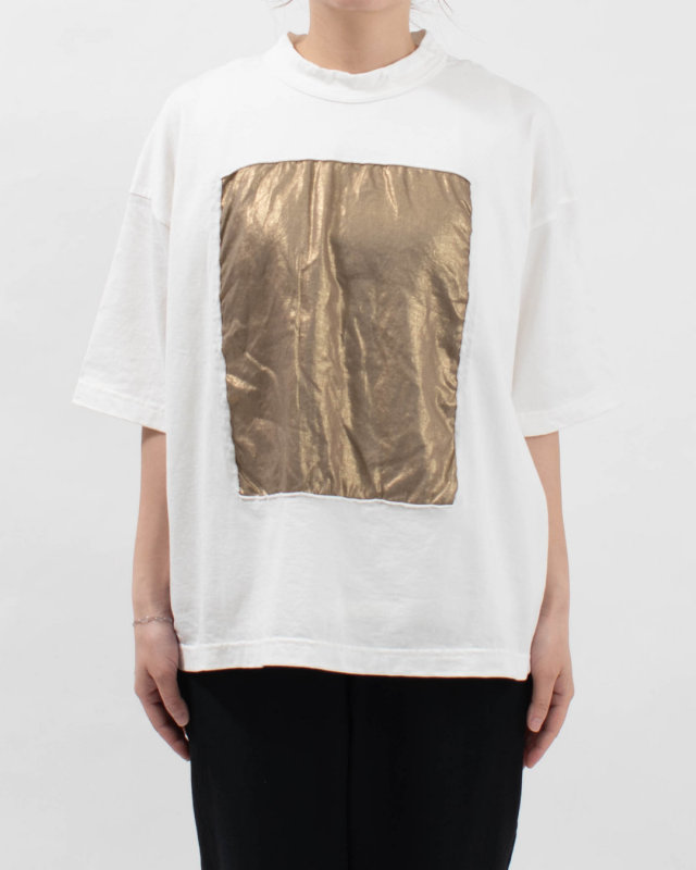 P91605  prit 17/1空紡天竺×40/1リネン箔プリント5分袖フレームＴシャツ