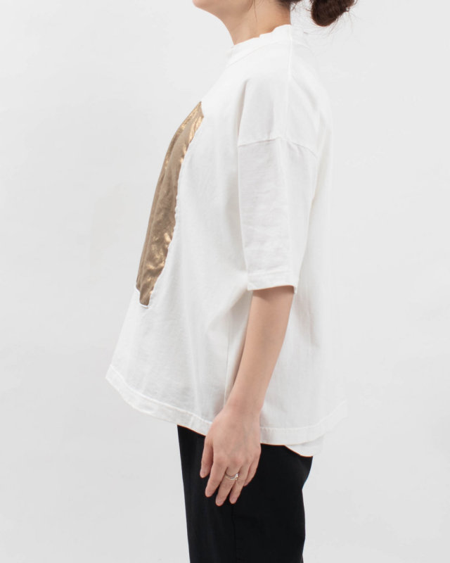 P91605  prit 17/1空紡天竺×40/1リネン箔プリント5分袖フレームＴシャツ