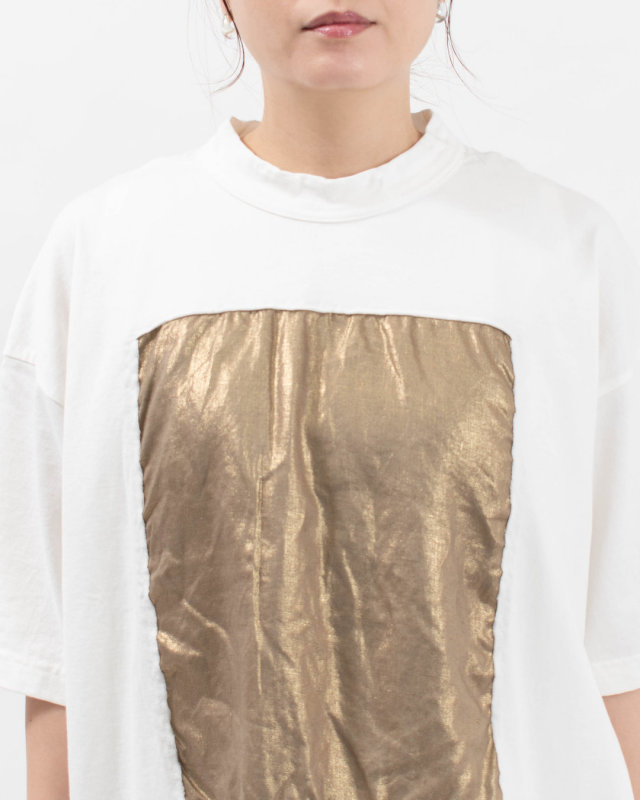 P91605  prit 17/1空紡天竺×40/1リネン箔プリント5分袖フレームＴシャツ