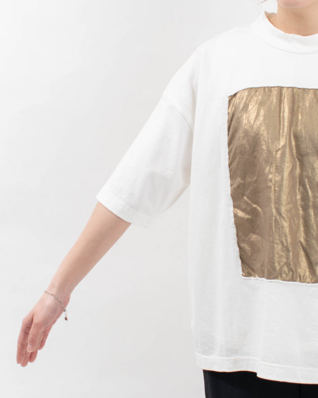 P91605  prit 17/1空紡天竺×40/1リネン箔プリント5分袖フレームＴシャツ
