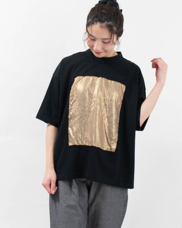 P91605  prit 17/1空紡天竺×40/1リネン箔プリント5分袖フレームＴシャツ