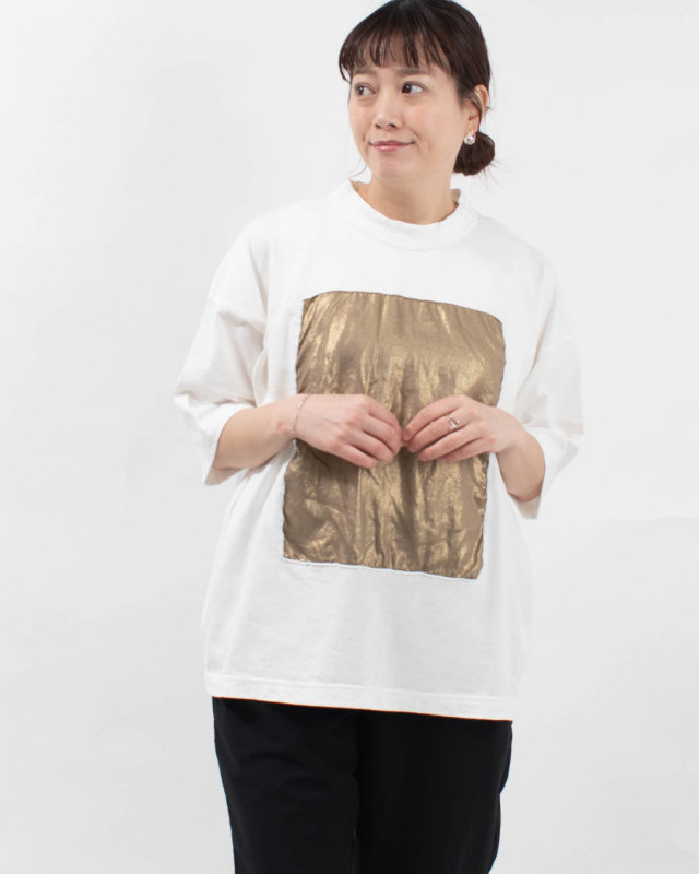 P91605  prit 17/1空紡天竺×40/1リネン箔プリント5分袖フレームＴシャツ