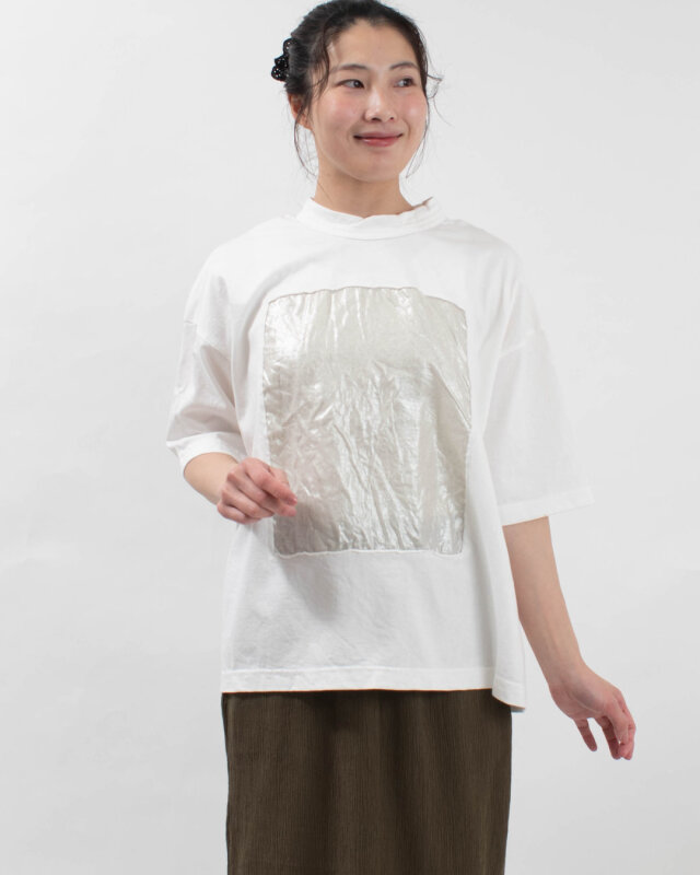 prit 17/1空紡天竺×40/1リネン箔プリント5分袖フレームＴシャツ